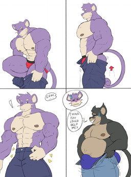 abs anthro belly big_bulge big_butt big_muscles big_pecs black_body black_fur bodily_fluids buckteeth bulge bulge_size_difference butt butt_jiggle clothed clothing dialogue dressing duo exclamation_point fur huge_pecs jiggling jockstrap male motion_arrow motion_lines muscular muscular_male navel nipples overweight overweight_male pecs purple_body purple_fur simple_background small_bulge speech_bubble sweat sweatdrop tail teeth text topless underwear whiskers white_background geng nintendo pokemon tight_pants_(meme) alolan_form alolan_rattata generation_1_pokemon generation_7_pokemon mammal pokemon_(species) rattata regional_form_(pokemon) rodent comic english_text hi_res meme