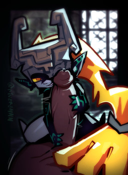 armor big_penis black_body blonde_hair bodily_fluids clothing duo female first_person_view fused_shadow genital_fluids genitals green_markings grey_body hair handjob headgear headwear helmet huge_penis humanoid_pointy_ears looking_at_viewer male male/female markings one_eye_obstructed orange_eyes penile penis pointy_ears ponytail precum prehensile_hair sex shortstack size_difference smaller_female smile tan_body tan_skin thick_thighs wide_hips yellow_sclera riveren_(artist) nintendo the_legend_of_zelda twilight_princess midna human humanoid imp mammal twili hi_res