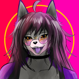 anthro collar eyewear female fur glasses gradient_background hair long_hair looking_at_viewer purple_body purple_fur sharp_teeth simple_background solo teeth wearing_glasses yellow_eyes treniea treniea_(nq0) alien canid canine canis domestic_dog husky mammal nordic_sled_dog spitz 1:1 absurd_res hi_res