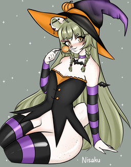 anthro candy clothed clothing dessert femboy food genitals hair hat headgear headwear holidays legwear long_hair male no_underwear penis pose stockings wide_hips witch_costume witch_hat nisaku halloween bear mammal absurd_res hi_res pinup