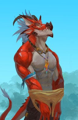 anthro bottomwear clothing eyewear goggles goggles_around_neck horn jewelry male muscular muscular_anthro muscular_male necklace pants removing_shirt sky solo tail neungsonie scalie absurd_res hi_res