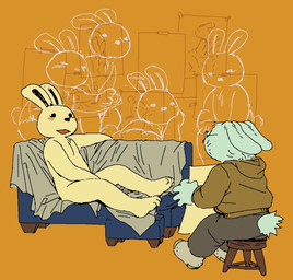 ambiguous_gender anthro biped black_inner_ear blue_body blue_fur blue_sofa blush bottomwear clothing duo eyewear floppy_ears footwear fur furniture glasses holding_object holding_paper hoodie life_drawing nude open_mouth orange_background pants paper paws pose rear_view reclining short_tail simple_background sitting socks sofa tail topwear whiskers white_body white_fur qs75834 lagomorph leporid mammal rabbit digital_media_(artwork) full-length_portrait portrait