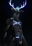 abs anthro antlers athletic athletic_anthro athletic_male balls belt big_penis black_background black_body black_clothing blue_antlers blue_hair blue_horn clothing erection genitals glowing glowing_antlers glowing_clothing glowing_eyes glowing_hair grin hair harness horn looking_at_viewer male navel nipples nude pecs penis short_hair simple_background smile smiling_at_viewer solo standing cierras deer mammal 2020 absurd_res hi_res