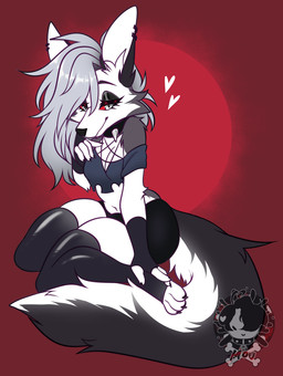 alternative_fashion anthro black_body black_fur bottomwear clothing collar crop_top ear_piercing ear_ring female fingerless_gloves footwear fur gloves goth grey_body grey_fur grey_hair hair half-closed_eyes handwear miniskirt multicolored_body multicolored_fur narrowed_eyes piercing red_background red_sclera ring_piercing shirt simple_background skirt smile socks solo spiked_collar spikes toeless_footwear toeless_legwear toeless_socks toeless_stockings topwear two_tone_body two_tone_fur white_body white_fur moucchiato hellaverse helluva_boss mythology loona_(helluva_boss) canid canid_demon canine demon hellhound mammal mythological_canine mythological_creature hi_res