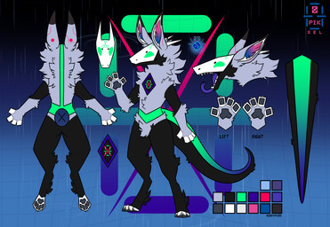 ambiguous_gender anthro biped color_swatch crotch_tuft ear_markings empty_eyes feet fingerless_(marking) forked_tongue front_view green_eyes markings purple_tongue rear_view solo standing toeless_(marking) tongue tuft 8zpikxel mantled_beast digital_media_(artwork) full-length_portrait hi_res model_sheet portrait