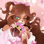 abstract_background anthro brown_body brown_fur brown_hair brown_nose clothed clothing controller fangs female front_view fur green_eyes hair holding_controller holding_object long_hair looking_at_viewer one_eye_closed open_mouth open_smile pink_clothing pink_topwear qr_code smile solo teeth topwear sonyan bear mammal artist_name bust_portrait hi_res portrait