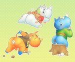 anthro backsack balls bottomless butt chibi clothed clothing embarrassed erection fungus genitals group horn male mushroom penis sitting sitting_on_stump tree_stump marcelstays animal_crossing nintendo hornsby_(animal_crossing) spike_(animal_crossing) tank_(animal_crossing) mammal rhinoceros