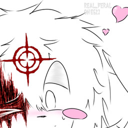 ambiguous_gender anthro blood blood_on_face blush blush_lines bodily_fluids close-up crosshair eyeshadow floppy_ears fur gore hair heart_symbol hearts_around_head heavy_eyelids lidded_eyes makeup messy_hair one_eye_closed pressed_against_screen simple_background solo sweat white_background white_body white_fur white_hair wink real_feral preychan felid feline mammal 1:1 distracting_watermark hi_res partially_colored sketch watermark