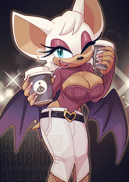 anthro beverage big_breasts breasts cleavage cleavage_cutout clothed clothing container cup cutout eyeshadow female fur leotard lipstick makeup one_eye_closed simple_background solo tan_body tan_skin white_body white_fur wings wink m5mona sega sonic_the_hedgehog_(series) rouge_the_bat bat mammal hi_res