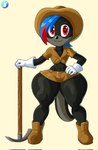 anthro black_body blue_hair bottomwear clothing female footwear gloves hair handwear hat headgear headwear huge_hips hyper hyper_hips pickaxe red_eyes shirt shoes shorts solo tail thick_thighs topwear wide_hips vanillabeangoat mammal hi_res