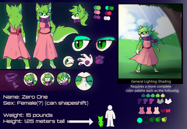 anthro barefoot black_nose bow_(feature) breasts clothed clothing colored_nails feet female fur green_body green_eyes green_fur hair hand_on_hip looking_at_viewer multicolored_body multicolored_fur nails pawpads scarf simple_background smile solo standing text toes topwear two_tone_body two_tone_fur white_body white_fur e-01 zero_one canid canine canis mammal wolf zerian_(species) absurd_res digital_media_(artwork) english_text hi_res model_sheet