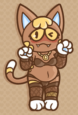 anthro blush blush_lines breasts brown_body camel_toe clothing collar cute_fangs fangs female fishnet_clothing jewelry lingerie one_eye_closed pattern_background pawpads simple_background slightly_chubby solo teeth wink yellow_eyes maskedfurry animal_crossing nintendo katt_(animal_crossing) domestic_cat felid feline felis mammal absurd_res hi_res