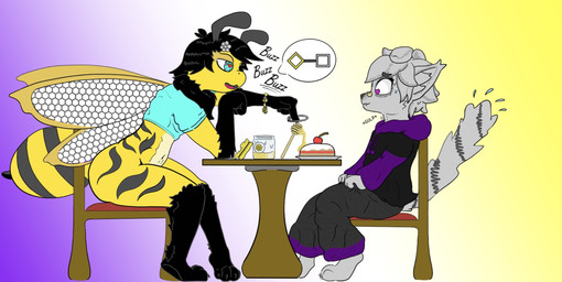 ambiguous_gender anthro audible_swallowing beetricia black_body black_fur chair clothed clothing duo feet food food_fetish fur furniture gesture grey_body grey_fur hair half-closed_eyes honey_(food) jewelry love midriff narrowed_eyes nervous pantsless shocked side_view sitting speech_bubble suggestive suggestive_food suggestive_gesture surprised table tail tense wings yellow_body yellow_fur kio_kasteyoto alma_the_snow_fox arctic_fox arthropod bee canid canine fox hymenopteran insect mammal true_fox hi_res