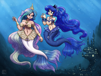 armlet armor bare_shoulders big_breasts blue_body blue_hair blue_scales blue_tail bra bracers breasts city city_background clothing crown duo ear_fins female fin hair headgear index_to_index jewelry long_hair multicolored_hair necklace scales sea seabed seashell_bra split_form strapless_bra strapless_clothing strapless_underwear swimming tail underwater underwater_city underwear water white_body white_scales white_tail king-kakapo friendship_is_magic hasbro mermay my_little_pony princess_celestia_(mlp) princess_luna_(mlp) aquatic humanoid_merfolk merfolk 2020 hi_res sibling_(lore) sister_(lore) sisters_(lore)