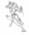 action_pose anthro armor belt bikini chest_tuft clothing dagger digitigrade female holding_melee_weapon holding_object holding_sword holding_weapon melee_weapon pauldron pose scabbard simple_background solo swimwear sword sword_practice tail tuft two-piece_swimsuit unconvincing_armor weapon white_background wraps scott_ruggels asheru canid canine canis mammal wolf black_and_white monochrome sketch