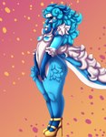 anthro areola big_areola big_butt blue_body blue_hair blue_lips blue_nipples breasts butt chest_tuft clothing covered_eyes covered_pussy female fluffy fluffy_chest fluffy_hair fluffy_tail footwear fur hair high_heels horn lips multicolored_body nipples shoes small_breasts solo tail thick_thighs tongue tongue_out tuft white_body white_fur wide_hips zortrex mythology cloudy_(zortrex) dragon furred_dragon furred_scalie mythological_creature mythological_scalie scalie absurd_res hi_res