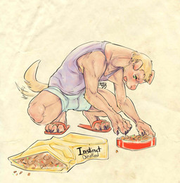 anthro armpit_hair biped black_claws blonde_eyebrows blonde_hair blue_bottomwear blue_clothing blue_shorts body_hair bottomwear bowl bulge claws clothed clothing container demi_transformation elbow_fur eyebrows feet flip_flops floppy_ears footwear fur green_eyes growth hair handpaw hindpaw human_to_anthro hypnosis male mid_transformation mind_control paws pet_bowl pet_food pink_nose pink_tongue pupils purple_clothing purple_shirt purple_tank_top purple_topwear red_clothing red_footwear red_sandals red_shoes sandals shirt shoes shorts solo species_transformation tail tail_growth tail_motion tailwag tank_top tongue tongue_out topwear transformation white_pupils white_sclera yellow_body yellow_fur yellow_tail hawktrap canid canine canis domestic_dog mammal digital_media_(artwork) hi_res