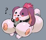 :3 areola big_breasts blue_eyes blush blush_stickers breasts busty_feral butt collar collar_only facial_markings female feral fur grey_background head_markings huge_breasts lock markings multicolored_body multicolored_fur nipples nude padlock padlocked_collar pink_areola pink_body pink_fur purple_ears purple_markings quadruped question_mark simple_background smile solo tongue tongue_out what why simplybobcat chrono_cross poshul canid canine canis domestic_dog mammal poodle digital_media_(artwork) hi_res shaded soft_shading