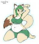 anthro athletic_wear barefoot belly belly_overhang blush bottomwear bra breasts cleavage clothed clothing exercise exercise_clothing feet female fluffy fluffy_tail fur green_eyes green_hair hair kneeling midriff navel overweight overweight_female pawpads shorts simple_background slightly_chubby smile solo sports_bra stretching tail tan_body tan_fur teeth thick_thighs underwear white_background white_body white_fur gyro-furry hazel_verday domestic_cat felid feline felis hybrid mammal procyonid raccoon 2018 hi_res signature