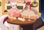 anthro big_breasts bottomwear breast_rest breasts chair christmas_decorations clothing curvy_figure dessert duo female food fur furniture grey_body grey_fur hair holding_fork huge_breasts inside pink_clothing pink_sweater pink_topwear red_eyes red_hair retro_anime_style sitting skirt sweater table thick_thighs topwear voluptuous white_body white_fur wide_hips fenrir_brown siren_(lightwolf27) domestic_cat felid feline felis mammal hi_res