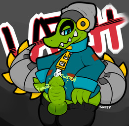 anthro balls beanie biped bodily_fluids bottomwear butt clothed clothing cybernetics electronics erection footwear genital_fluids genitals green_balls half-closed_eyes hat headgear headphones headwear heart_symbol jacket legwear looking_at_viewer looking_down machine male metal_tail narrowed_eyes non-mammal_balls orgasm pants partially_clothed penis precum prosthetic sharp_teeth smile socks solo standing tail teeth text thick_penis topwear badsheep lethal_league latch alligator alligatorid crocodilian reptile scalie 2015 english_text hi_res