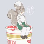 anthro chef_hat clothed clothing female footwear hat headgear headwear kemono micro shoes solo tail text ekaki510 cup_noodles grey_squirrel mammal rodent sciurid tree_squirrel 1:1 japanese_text translation_request