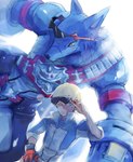 anthro belt blonde_hair blue_body blue_eyes blue_fur championship_belt duo eyewear fur hair male size_difference sunglasses wawaga_gag bandai_namco digimon digimon_data_squad thomas_norstein canid canine digimon_(species) human machgaogamon mammal hi_res