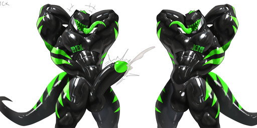 anthro big_bulge big_penis black_body black_latex bodily_fluids bulge cum cumshot drone ejaculation eyeless genital_fluids genitals green_body green_latex grey_body huge_bulge huge_penis humanoid_genitalia humanoid_penis latex latex_body long_tongue male multicolored_body muscular muscular_anthro muscular_male penis pose sharp_teeth solo teeth thick_thighs tongue tongue_out cxcxxcxxxx dinosaur latex_creature prehistoric_species reptile saurischian scalie theropod tyrannosaurid tyrannosauroid tyrannosaurus tyrannosaurus_rex 2026 absurd_res hi_res