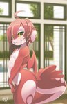 anthro horn inside looking_at_viewer male outside_view plant shrub smile solo standing tail tree window wings young rudragon mythology ru_(rudragon) dragon mythological_creature mythological_scalie scalie hi_res watermark