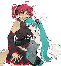 5_fingers alternate_species anthro biped blue_eyes blue_hair blush bottomwear breasts brown_body brown_fur brown_tail claws clenched_teeth clothed clothed_anthro clothed_female clothing duo electronics female finger_claws fingers fully_clothed fully_clothed_anthro fully_clothed_female fur furrification hair headphones inner_ear_fluff looking_at_another looking_at_viewer looking_down looking_down_at_another red_eyes red_hair side_view simple_background skirt smile standing tail teeth text topwear tuft white_background white_body white_fur white_tail raccoattack utau vocaloid yamaha_corporation hatsune_miku kasane_teto canid canine canis domestic_cat domestic_dog felid feline felis mammal 2025 digital_media_(artwork) english_text hi_res