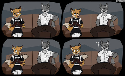 4_panel_comic anthro biped black_nose brown_ear_tips brown_nose clothed clothed_anthro clothed_male clothing crossdressing dipstick_ears dipstick_tail duo ear_markings facial_tuft fangs femboy fully_clothed fully_clothed_male fur furniture grey_body grey_fur head_tuft index_to_index maid_uniform male markings multicolored_ears orange_body orange_fur simple_background sofa tail tail_markings tail_motion tailwag teeth text tuft uniform suitedwolfie balthy_(suitedwolfie) k_(suitedwolfie) canid canine canis fox mammal northwestern_wolf red_fox true_fox wolf 2025 absurd_res comic english_text hi_res meme