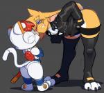 anthro armor butt clothed clothing duo eye_contact legwear looking_at_another looking_down machine male size_difference 0r0ch1 samurai_pizza_cats 0r0 speedy_cerviche domestic_cat felid feline felis lagomorph leporid mammal rabbit robot