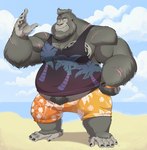 anthro beach beard belly belly_hair belly_tuft body_hair bottomwear clock clothed clothing cloud detailed_background facial_hair facial_piercing fur grey_beard grey_body grey_facial_hair grey_fur grey_hair hair hand_on_hip male muscular muscular_arms nose_piercing nose_ring overweight overweight_anthro overweight_male pattern_bottomwear pattern_clothing piercing raised_hand ring_piercing sand scar shirt solo swimming_trunks swimwear tank_top tattoo topwear tuft watch water wristwatch yellow_eyes polartoons fahz_(fahzthegorilla) ape gorilla haplorhine mammal primate 2021 hi_res