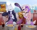 anthro beverage burger claws clothing detailed_background duo eating electronics food fries front_view fur headphones headphones_around_neck hoodie ketchup ketchup_bottle male multicolored_body multicolored_fur mustard mustard_bottle pepper_shaker purple_body purple_fur red_eyes salt_shaker shirt sitting topwear white_body white_fur alpineping nintendo pokemon cosmic_(cosmicmewtwo) donnie_(cosmicmewtwo) canid canine felid feline generation_1_pokemon generation_7_pokemon legendary_pokemon lycanroc mammal mewtwo midnight_lycanroc pokemon_(species) 2023