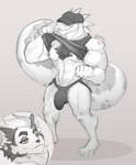 anthro aroused barazoku big_tail body_hair bulge chest_hair clothed clothing clothing_lift duo exercise exhibitionism fangs hat headgear headwear jockstrap male nipples scales stare tail teeth underwear workout tonkotsu_spicy_noodle alligator alligatorid canid canine canis crocodilian domestic_dog husky mammal nordic_sled_dog reptile scalie spitz absurd_res hi_res