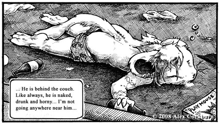 ambiguous_gender anthro bodily_fluids border bottle boxers_(clothing) butt clothing container drooling drunk eyes_closed magazine piercing pornography saliva solo substance_intoxication tail text unconscious underwear what white_border o-kemono playmouse mammal rodent 2008 english_text monochrome