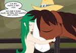 badumsquish breasts brown_hair clothing cowboy_hat dialogue duo embrace english_text equid equine eyes_closed female female_on_feral fence feral freckles friendship_is_magic green_hair hair hasbro hat headgear headwear hi_res horse hug human imminent_bestiality long_hair mammal my_little_pony nipples nude pony smile text troubleshoes_(mlp) wallflower_blush_(eg)