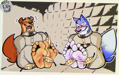 5_toes anthro black_nose blue_body blue_fur blush bodily_fluids drooling duo eyes_closed feet floppy_ears folded_ears foot_fetish fur humanoid_feet laugh loose_feather male multicolored_body multicolored_fur open_mouth open_smile padded_room plantigrade restraints saliva sitting smile soles straitjacket tail teeth tickle_fetish tickle_torture tickling tickling_feet toes tongue two_tone_body two_tone_fur white_body white_fur wrinkled_feet wrinkles yellow_body yellow_fur dogeoisie road_rovers exile_(road_rovers) hunter_(road_rovers) bird_dog canid canine canis domestic_dog golden_retriever hunting_dog husky mammal nordic_sled_dog retriever spitz