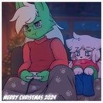 anthro bedding blanket blurred_background blush bottomwear clothing controller duo eyewear fur game_controller glasses hair holidays long_hair male male/male merry_christmas nes_controller nintendo_controller pants pigtails red_clothing red_sweater red_topwear scarf sweater text topwear wearing_glasses rivvoncat christmas nintendo nintendo_entertainment_system rivvon_(rivvoncat) sebastian_(mr.growly) dasyurid dasyuromorph domestic_cat felid feline felis mammal marsupial tasmanian_devil hi_res stepfather_(lore) stepfather_and_stepchild_(lore) stepfather_and_stepson_(lore) stepparent_(lore) stepparent_and_stepchild_(lore) stepparent_and_stepson_(lore) stepson_(lore)