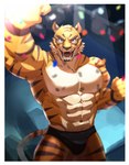 abs anthro bottomwear clothed clothing fur male muscular muscular_anthro muscular_male nipples pecs solo striped_body striped_fur stripes neumokun felid mammal pantherine tiger 2021 absurd_res hi_res