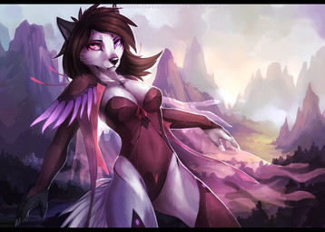 5_fingers anthro armor athletic athletic_anthro athletic_female big_breasts biped black_border black_nose border breasts brown_hair claws cleavage clothed clothing cloud cross day detailed_background eyebrows eyelashes facial_markings female fingers front_view fur grey_body grey_fur hair head_markings heterochromia humanoid_hands inner_ear_fluff leotard long_hair looking_away markings mountain multicolored_body multicolored_fur outside pink_eyes purple_eyes shadow shoulder_guards sky snout solo standing tuft two_tone_body two_tone_fur vambrace white_body white_fur juliathedragoncat canid canine mammal 2016 portrait three-quarter_portrait