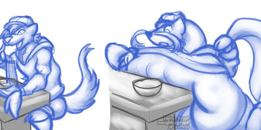 belly big_belly clothed clothing eating expansion food furniture growth hair hat headgear headwear inflation male noodles open_mouth overweight overweight_male sitting solo table transformation weight_gain naughtygryph nintendo pokemon canid canine canis domestic_dog generation_5_pokemon mammal mienshao pokemon_(species) 2017 digital_media_(artwork) monochrome