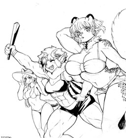 abs anthro big_breasts bikini biped bob_cut breasts clothing eyes_closed female fluffy fluffy_tail food fruit fur group hair hat headgear headwear holding_object horn looking_at_viewer melon midriff muscular muscular_anthro muscular_female navel neck_tuft open_mouth plant simple_background smile swimwear tail teeth thick_thighs trio tuft two-piece_swimsuit watermelon white_background murazaki blackberry_(murazaki) canid canine felid mammal pantherine unknown_species 2020 absurd_res greyscale hi_res monochrome traditional_media_(artwork)