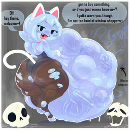 anthro anthro_pred anus areola belly big_belly big_breasts blush bodily_fluids bone breasts butt butt_focus clothing death fake_cat_ears fake_ears fatal_vore female female_pred fully_inside huge_belly huge_breasts looking_at_viewer nipples open_mouth oral_vore simple_background skull smile solo sweat sweaty_body text thick_thighs vore cami_gz mario_bros nintendo paper_mario paper_mario:_the_thousand_year_door lahla_(mario) boo_(mario) ghost spirit 1:1 digital_media_(artwork) hi_res