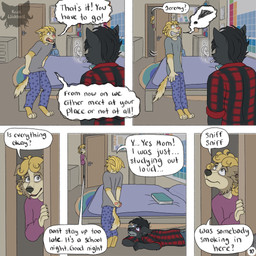 almost_caught angry anthro barefoot bed bedroom black_hair blonde_hair book brown_eyes cigarette clothing dialogue erect_tail exclamation_point feet five_frame_image fur furniture good_night grey_body grey_fur group hair hiding inside lies logo lying male on_front open_door page_number pajamas pattern_clothing pattern_shirt pattern_topwear periodic_table scared shirt smoke smoking smoking_cigarette sniffing speech_bubble striped_clothing striped_shirt striped_topwear stripes tail text tiptoes topwear trio walk-in yelling yellow_body yellow_fur kriek_wildebeest jeremy_(kriek_wildebeest) tom_(kriek_wildebeest) border_collie canid canine canis collie domestic_dog herding_dog husky hybrid mammal nordic_sled_dog pastoral_dog sheepdog spitz wolf 1:1 artist_logo comic english_text hi_res mother_(lore) mother_and_child_(lore) mother_and_son_(lore) parent_(lore) parent_and_child_(lore) parent_and_son_(lore) son_(lore)
