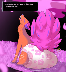 ambiguous_gender blue_body blue_fur blue_inner_ear blue_nose blue_tail censored_text clothed clothing detailed_background dialogue dialogue_box diaper diaper_only duo featureless_feet feces feet feral fur grass head_tilted_back multicolored_body multicolored_fur open_mouth open_smile orange_body orange_fur pattern_diaper pink_body pink_ears pink_fur pink_grass pink_tail plant sharp_teeth sitting smile soiled_diaper tail talking_to_viewer teeth text three-quarter_view topless tree two_tone_tail unclean_diaper used_diaper wearing_diaper maynara deltarune undertale_(series) darkner netskie 2026 absurd_res english_text full-length_portrait hi_res portrait signature