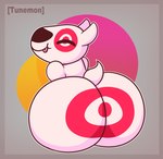 ambiguous_gender anthro big_butt bullseye butt eyes_closed huge_butt markings mascot nude smile solo tongue tongue_out white_body tunemon target_corporation bullseye_(target) bull_terrier canid canine canis domestic_dog hunting_dog mammal terrier hi_res