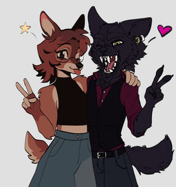 5_fingers anthro arm_around_shoulders belt belt_buckle bent_arm black_belt black_body black_bottomwear black_claws black_clothing black_crop_top black_eyebrows black_eyes black_fur black_nose black_pants black_shirt black_tail black_topwear black_vest blue_bottomwear blue_clothing blue_pants bottomwear breasts brown_hair brown_tail buckle button_(fastener) cheek_tuft chest_tuft claws clothed clothed_anthro clothed_female clothed_male clothing crop_top duo ear_piercing ear_ring eyebrows eyelashes eyewear facial_tuft female female_anthro finger_claws fingers fluffy fluffy_tail fully_clothed fully_clothed_anthro fully_clothed_female fully_clothed_male fur gesture glasses green_eyes hair hand_gesture happy heart_symbol larger_anthro larger_male male male_anthro medium_hair midriff multicolored_body multicolored_fur multicolored_tail no_pupils one_eye_closed open_mouth open_smile pants piercing pink_tongue pockets red_clothing red_dress_shirt red_tongue red_topwear ring_piercing rolled_up_sleeves round_glasses sharp_teeth shirt simple_background size_difference slim_anthro slim_male small_breasts smaller_anthro smaller_female smile spiked_ear_piercing spiked_ear_ring standing star_(shape) tail tan_body tan_fingers tan_fur teeth thick_eyebrows tongue tongue_out topwear tuft v_sign vest white_background bigwolf_(artist) merenge kol_(bigwolfkol) merenge_(character) canid canine canis cervine deer mammal wolf 2024 artist_collaboration colored digital_drawing_(artwork) digital_media_(artwork) english_description hi_res shaded