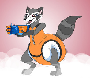 anthro big_diaper clothed clothing diaper diaper_under_clothing full_diaper male onesie playing simple_background soiled soiled_diaper solo stretched_clothing toony unclean_diaper used_diaper wearing_diaper zipper pidgopidgey_(artist) guardians_of_the_galaxy hasbro marvel nerf_(toy) rocket_raccoon mammal procyonid raccoon