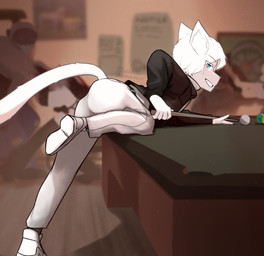 6_ball ambiguous_gender anthro anthro_focus arched_back ball billiard_ball billiard_table billiards black_clothing black_jacket black_topwear blue_eyes butt clothing cue_ball cue_stick footwear furniture group hair jacket leaning_on_table looking_at_viewer looking_back looking_back_at_viewer male shoes solo_focus table tail topwear white_body white_clothing white_footwear white_hair white_shoes dullanboi kiran_mann_(dullanboi) felid feline humanoid mammal hi_res